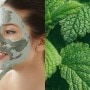 A woman with a face pack and lemon balm leaves